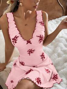 CottageSlumber Women's Floral Print V-Neck Ruffle Trim Bow Decor Nightgown - Multicolor - View 6
