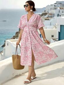 Plus Size Woven Printed Elegant Summer Women's Dress For Vacation - Pink - View 5