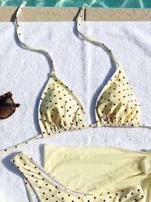 Swim Mod Conjunto de biquíni feminino de 2 peças para praia, moda praia sexy e charmosa para férias, top cropped com alças cruzadas nas costas e calcinha de biquíni com amarração lateral, estampa floral/de bolinhas aleatória, saia pareô em cor sólida, ideal para primavera/verão. - Multicolorido - Ver 4