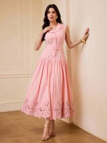 ZEYLAH Đầm dài thêu họa tiết ôm eo, cổ áo blazer, thích hợp cho mùa xuân/hè. - Hồng - Xem 7