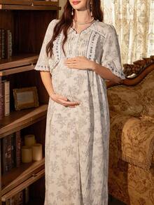 PalaceNights Palace Style Blue Floral Print & Ruffle Front V-Neck Short Sleeve Maternity Nightgown - Multicolor - View 7