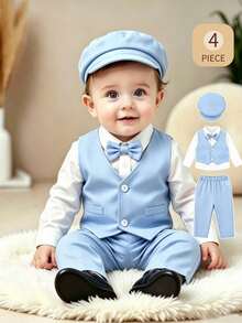 SHEIN 4pcs Baby Boy Gentleman Formal Suit Set, Light Blue Elegant Classy, Wedding Guest Ring Bearer Birthday Party Christening 1st Aqua Blue White Summer - Baby Blue - View 1