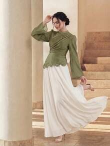 Anewsta Women's Solid Color Mandarin Collar Asymmetrical Rhinestone Embellished Flared Soft Elegant Dress - Army Green - View 3