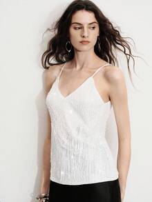 SHEIN Women's Embroidered Sequin V-Neck Sleeveless Mesh Sequin Patchwork Tassel Design Elegant Sexy Date Night Golf Camisole White Summer - White - View 5