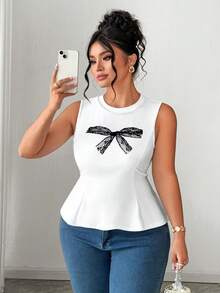 SHEIN Clasi Plus Size Women Elegant Casual Bow Lace Print Beaded Sleeveless Stretchy Fitted Blouse Gym Brown Summer - White - View 7