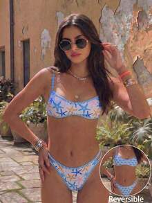 Swim Mod 女士沙滩连衣裙，双面可穿，多种穿法，蓝色花卉中式印花，复古波西米亚风，时尚休闲度假性感甜美可爱，女士泳装套装，超迷你比基尼 - 彩色 - 查看 6