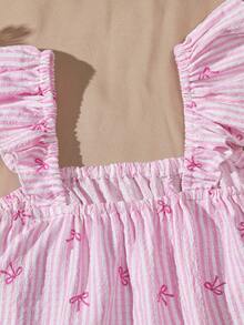 Tween Girls' Sweet Striped Bow & Floral Print Ruffle Lace Trim Camisole And Shorts Set, Summer - Multicolor - View 5