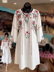 Qadelle Đầm nữ màu trắng cổ tròn tay phồng thêu họa tiết retro, kiểu dáng chữ A, thanh lịch, thời trang thành thị, thích hợp cho mặc hàng ngày, đám cưới, tiệc tối, đi làm, tiệc tốt nghiệp, lễ hội, kỳ nghỉ, hẹn hò, tiệc tùng, Halloween, Giáng sinh, Năm mới, Lễ Tạ ơn, đám cưới, đầm nữ tay ngắn dệt kim in kỹ thuật số retro màu trắng, kiểu dáng thường ngày, thích hợp cho mùa xuân hè. - trắng - Xem 5