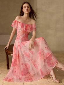 MOTF PREMIUM 女士单肩荷叶边印花连衣裙，优雅夏季 - 粉色 - 查看 6