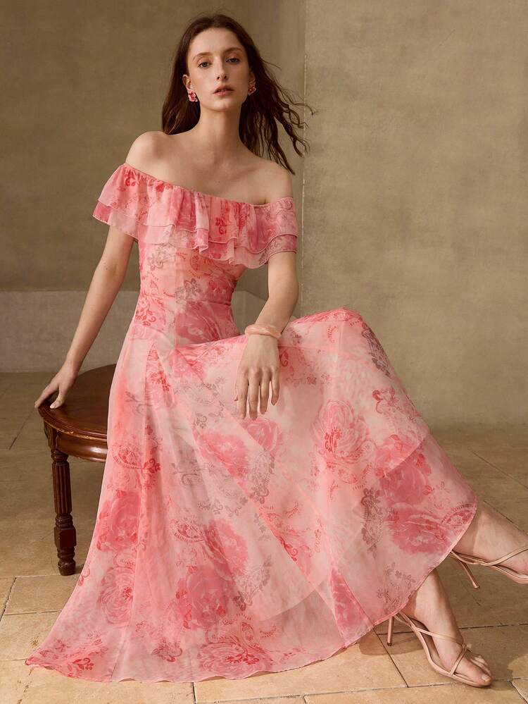 WOMEN'S FLORAL PRINT ONE-SHOULDER RUFFLE HEM DRESS, ELEGANT SUMMER