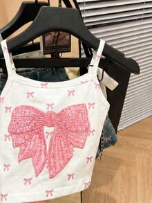 SHEIN Parte superior de camisola estilo minimalista casual coreano, con estampado elegante y delicado de lazo, adecuado para verano, cómodo y con estilo para niñas, primavera y verano - Blanco - Ver 4