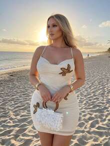 Auralis Plus Size White Summer Beach Holiday Starfish Decor Camisole Dress,Draped Neck Halter Fitted Waist A-Line Mini Dress,Tropical Y2K Bohemian Style Dress - Apricot - View 1
