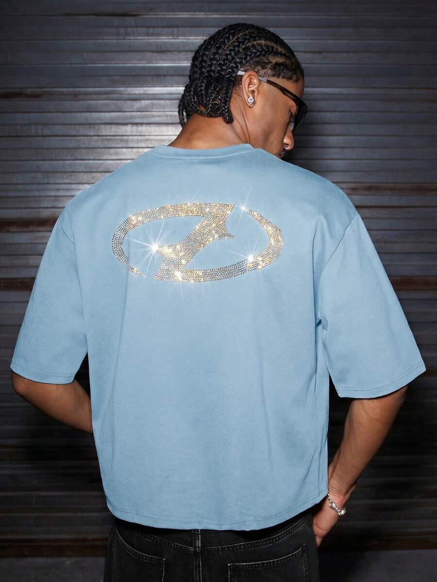 AXEPEAK Men's Rhinestone Design Round Neck Casual Short Sleeve T-Shirt - Baby Blue - View 1