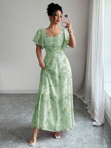 Modelyn Gaun Musim Panas Wanita Chiffon Motif Kupu-kupu Lengan Kelelawar Berlipit Gaya Prancis yang Manis - Hijau abu-abu - View 5