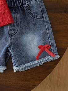 SHEIN Vintaside Kids 女婴夏季甜美清新花卉装饰吊带背心和牛仔短裤套装，蝴蝶结细节，适合日常外出、休闲旅行、家庭聚会、夏季购物 - 紅色 - 查看 6