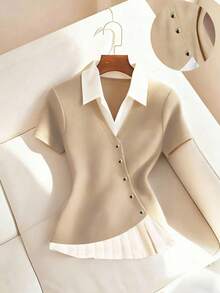 Franclia Women's Beige Summer Casual Elegant Office Shirt Collar Contrasting Color Pleated Top,Formal Business Work Commuting Wear,Fashionable Teacher Attire - Apricot - View 5