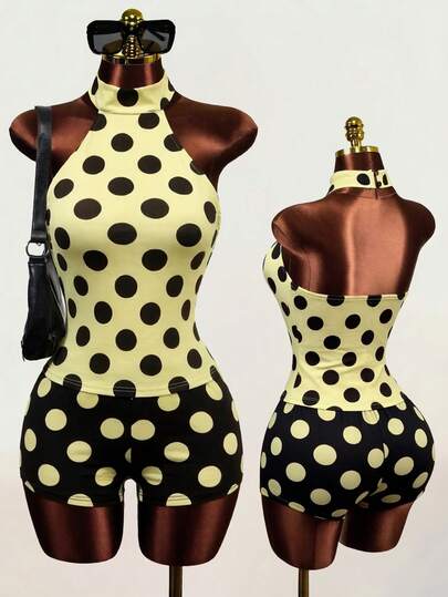 Mistrie Áo hai dây ôm sát người bằng vải dệt kim chấm bi thanh lịch dành cho nữ, thích hợp cho kỳ nghỉ, hẹn hò, trà chiều, đi biển, du thuyền, du lịch thành phố, nghỉ dưỡng trên đảo, lễ hội âm nhạc, kỳ nghỉ theo phong cách Bohemian, có thể mặc riêng hoặc phối lớp. Áo chấm bi, áo dễ thương, áo mùa hè, áo chấm bi nữ, áo cơ bản hở lưng gợi cảm + quần short siêu ngắn thắt eo dành cho nữ, bộ 2 món màu vàng.