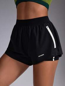 Powerista Women's Zipper Pocket Daily Fitness Double-Layer Sports Shorts - Black and White - View 8