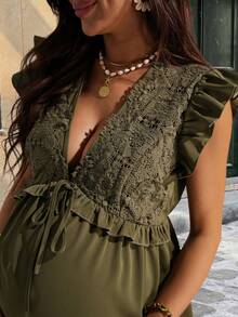 SHEIN Maternity Elegant Sage Green Summer French Style Lace Patchwork V-Neck Ruffle Hem Blouse,Chic Pregnant Women Holiday Outfits Solid Color Top - Army Green - View 7