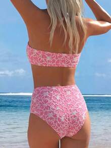 Swim Mod Bộ bikini nữ mùa hè đi biển, kiểu dáng thanh lịch, chất liệu vải dệt họa tiết hoa màu hồng và trắng, dây đeo mảnh có thể tháo rời, cạp cao. - Nhiều màu - Xem 2