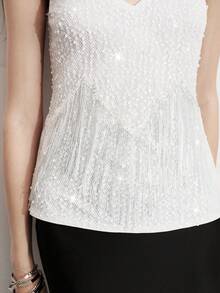 SHEIN Women's Embroidered Sequin V-Neck Sleeveless Mesh Sequin Patchwork Tassel Design Elegant Sexy Date Night Golf Camisole White Summer - White - View 6
