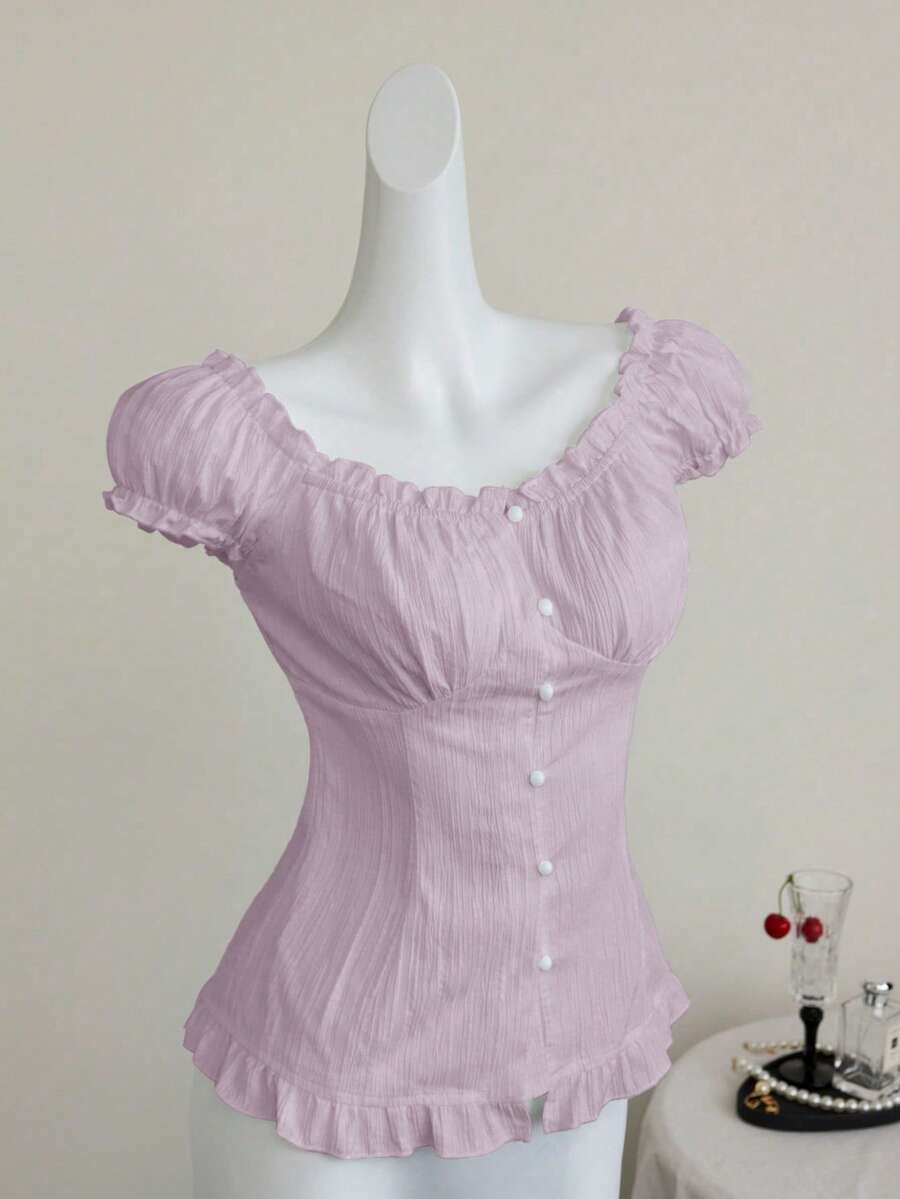 Elamini White Sexy Off Shoulder Petal Sleeve Frill Trim Fitted Blouse, Slimming Fit For Spring/Summer Vacation - Mauve Purple - View 1