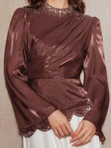 Anewsta Women's Solid Color Mandarin Collar Asymmetrical Rhinestone Embellished Flared Soft Elegant Dress - Burgundy - View 7