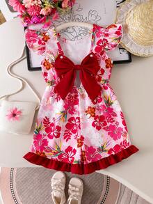 Filles (Petit) Combinaison courte à imprimé floral tout-sur-tout avec garniture en dentelle, vêtements pour enfants élégants et confortables, combinaison sans manches à la mode pour l'été - Multicolore - Voir 3