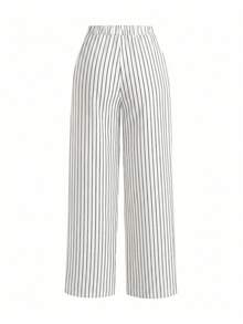 SHEIN PETITE Quần ống đứng kẻ sọc tối giản dành cho nữ dòng PETITE-D, thích hợp cho việc đi làm. - trắng - Xem 2
