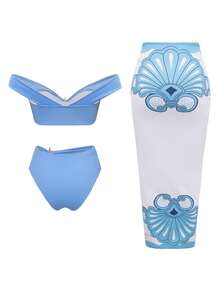 Swim Oasis 3 pièces/Set Top de bikini bandeau et jupe maxi fendue imprimée avec torsion à la taille, style chinois bleu et blanc, accessoires dorés sexy. Ensemble pour les vacances d'été - Multicolore - Voir 2