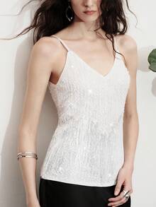 SHEIN Women's Embroidered Sequin V-Neck Sleeveless Mesh Sequin Patchwork Tassel Design Elegant Sexy Date Night Golf Camisole White Summer - White - View 7
