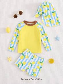 Cozy Pixies 男婴夏季假日拼布条纹柠檬印花泳衣套装 - 黃色 - 查看 6