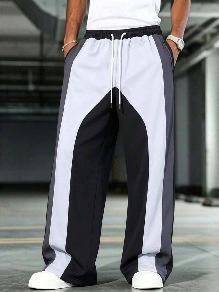 Manfinity Roughcore Pantaloni de trening casual pentru bărbați, cu talie cu șnur, blocuri de culoare, stil casual, de zi cu zi - Alb-negru - Vizualizare 1