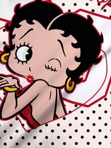 Betty Boop x SHEIN 女士可爱时尚波点印花圆领短袖T恤， - 白色 - 查看 5