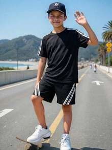 SHEIN Little Byeori 2pcs/Set Tween Boy Casual Striped Ribbon Crew Neck T-Shirt And Shorts Set, Suitable For Commuting, School, Daily Casual Wear, Sports, Spring/Summer - Black - View 6