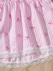 Tween Girls' Sweet Striped Bow & Floral Print Ruffle Lace Trim Camisole And Shorts Set, Summer - Multicolor - View 4