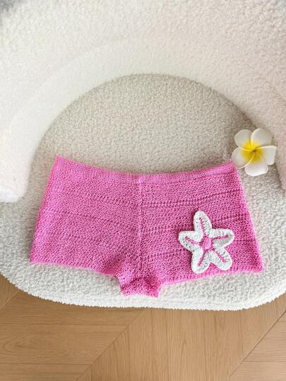 Elamini Women's Pink Sweet Crochet 3D Floral Sexy Beach Vacation Style Summer Mini Skirt, Fashionable Versatile Holiday Casual Shorts