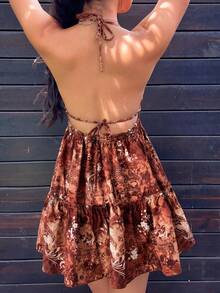 Sunnyshic Đầm nữ phong cách thường ngày, họa tiết paisley retro, hở lưng, dây buộc, cổ nơ, thích hợp cho kỳ nghỉ và đi chơi, mùa xuân/hè. - Màu Cam cháy - Xem 2