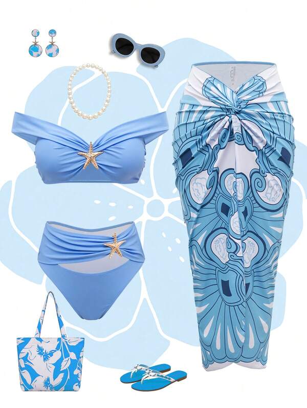 Swim Oasis Set 3 buc/set de vară, stil chinezesc, albastru și alb, culoare porțelan, accesorii sexy aurii, top bikini bandeau și fustă maxi cu talie înaltă, imprimată, răsucită în față, despicată