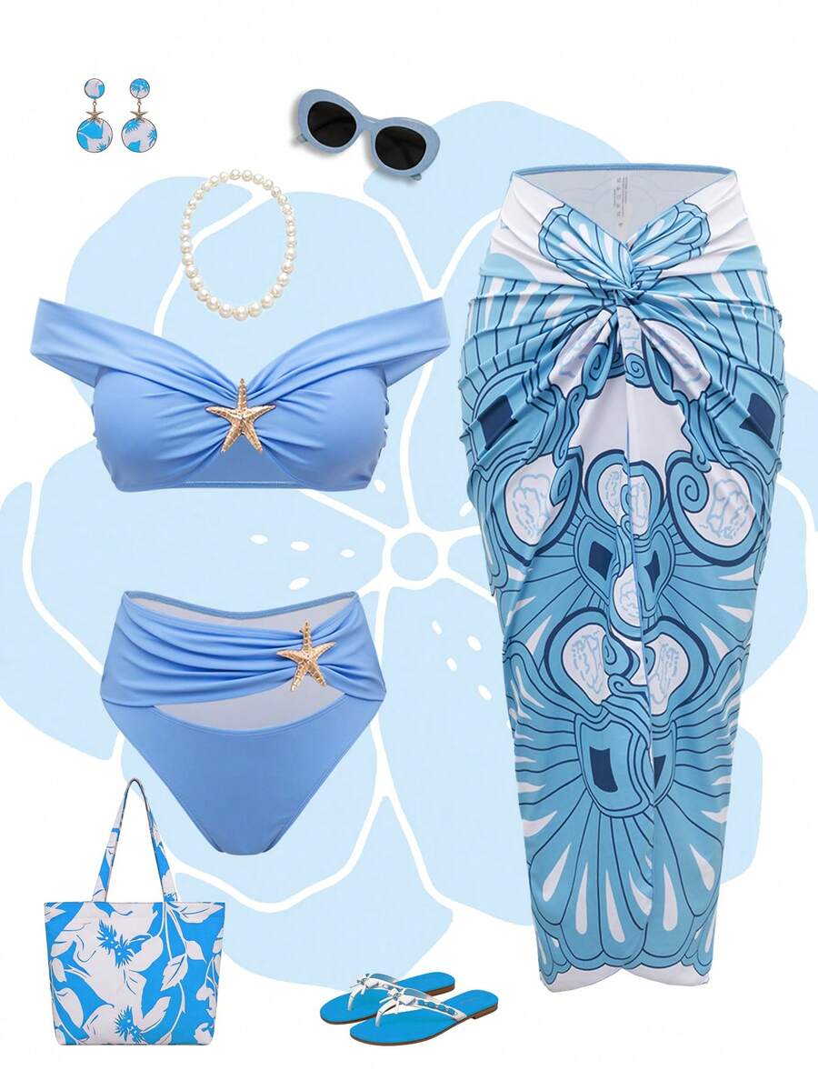 Swim Oasis 3 pièces/Set Top de bikini bandeau et jupe maxi fendue imprimée avec torsion à la taille, style chinois bleu et blanc, accessoires dorés sexy. Ensemble pour les vacances d'été - Multicolore - Voir 1