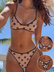 Swim Vcay Bộ bikini 2 mảnh mùa hè dành cho nữ, kiểu dáng thanh lịch, thoải mái, gợi cảm, họa tiết ngẫu nhiên, có thể mặc hai mặt, dây mảnh, kiểu quây ngực siêu nhỏ, khoét sâu, kiểu dáng gợi cảm. - Nhiều màu - Xem 6