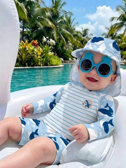 Bộ đồ bơi thời trang mới cho bé trai, bộ hai mảnh tay dài và quần đùi.