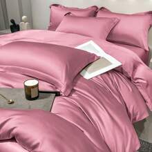 Cirelle 3 Pieces Set Simple Deep Pink Ice Silk Fabric Bedspread Set - Suitable For Bedroom, Guest Room, And Dormitory Decoration, A Soft, Comfortable, Breathable, And All-Season Bedding Set. The Three Pieces Bedspread Set Includes 1 Down Comforter Cover + 2 Pillowcases (Excluding Fillings) - Lao Lang Ice Silk Quilt Cover Three-piece Set - Deep Powder - View 6