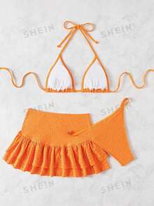 Swim Mod 女士海灘度假頸掛比基尼套裝，配搭遮陽連身裙，夏季海灘泳衣 - 橘色 - 查看 2
