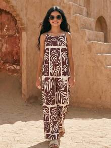 SHEIN Tween Girl All-Over Print Backless Casual Vacation Jumpsuit - Brown - View 3