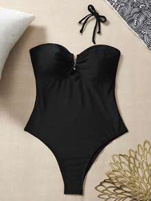 Swim Basics 热销海滩度假黑色性感连体泳衣，修身腰部设计，适合游泳、海滩度假、派对 - 黑色 - 查看 3