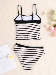 SHEIN TEENGIRL Beach Vacation Black & White Bow Contrast Tank Bikini Set, Conservative Bikini Set For Teen Girl - Black and White - View 6