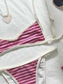 Swim Mod Women's Random Floral Print Spaghetti Strap Ruffled Bikini Set, Spring/Summer Elegant Sexy Beach Party Pink - Multicolor - View 3