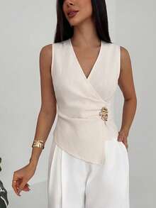 Aloruh Women's Solid Color Metal Waist Design Ruched Asymmetric Hem Sleeveless Blouse Summer Outfit Sleeveless Wrap Top Womens Business Casual Elegant Top,Summer Top - Beige - View 5