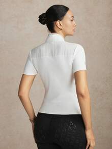 Activina Women's Stand Collar Studded Decor Casual Daily Riding Shirt Short Sleeve Top Crystal Design White Elegant Summer - White - View 3